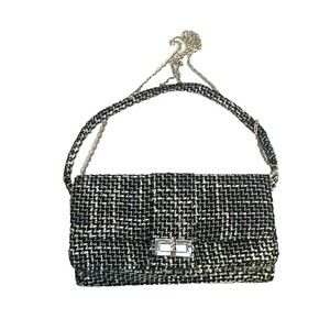 Wild Rose Tweed Handbag Black White Top Handle Removeable Silver Crossbody Chain